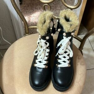 Neiman Marcus black pearl faux fur boots